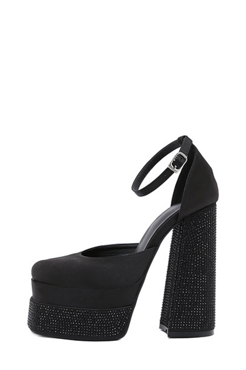 Sparkly Diamante Square Toe Double Platform High Block Heels - Black