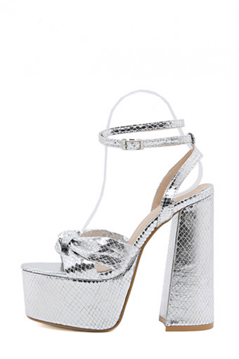 Metallic Bow Detail Statement Platform Block Heel - Silver