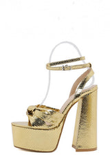 Metallic Bow Detail Statement Platform Block Heel - Gold