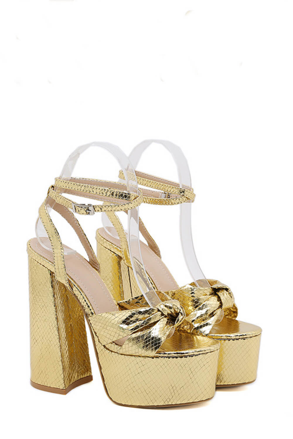 Metallic Bow Detail Statement Platform Block Heel - Gold