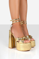 Metallic Bow Detail Statement Platform Block Heel - Gold