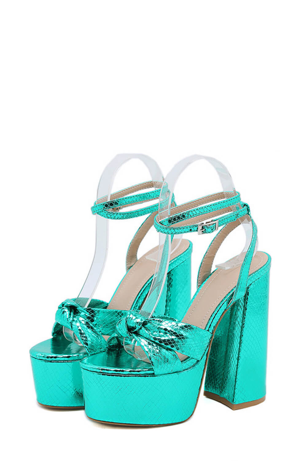 Metallic Bow Detail Statement Platform Block Heel - Turquoise