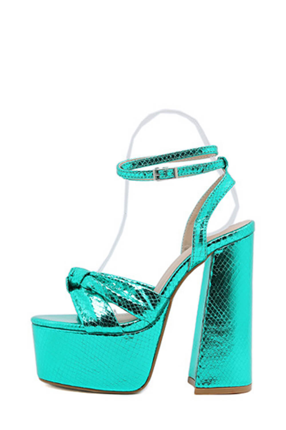 Metallic Bow Detail Statement Platform Block Heel - Turquoise