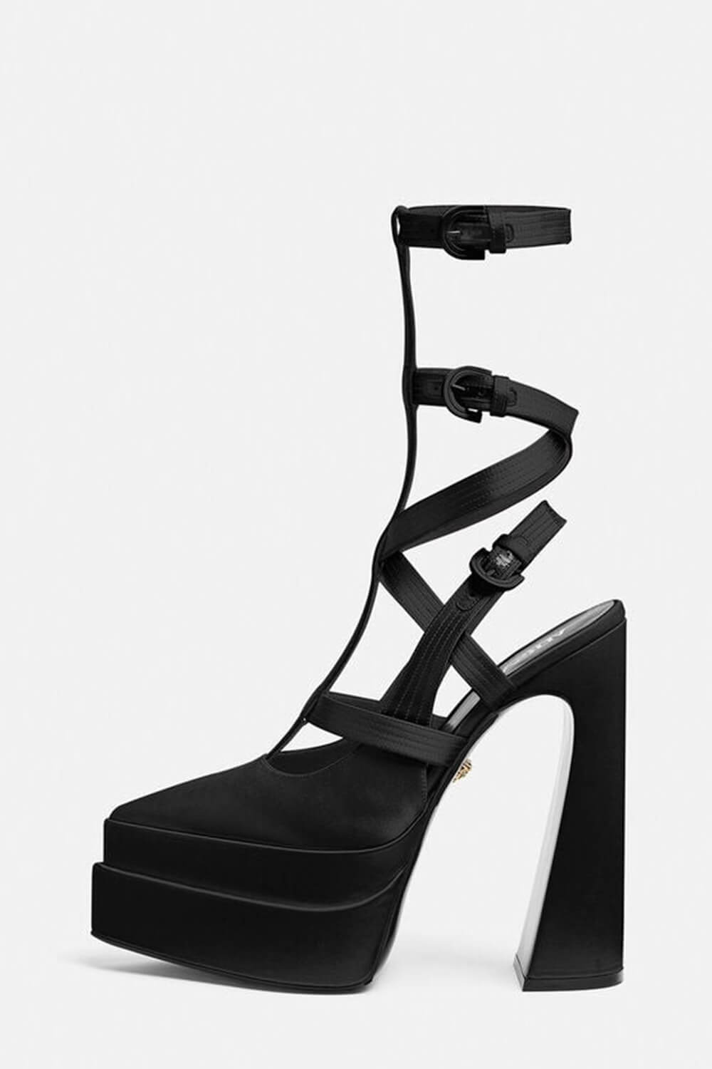 Pointy Cage Strappy Platform Block High Pumps - Black
