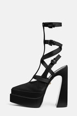 Pointy Cage Strappy Platform Block High Pumps - Black