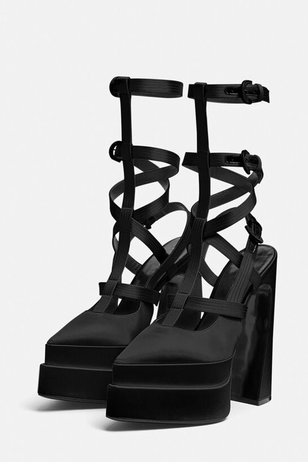 Pointy Cage Strappy Platform Block High Pumps - Black