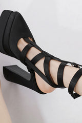Pointy Cage Strappy Platform Block High Pumps - Black