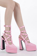Pointy Cage Strappy Platform Block High Pumps - Pink
