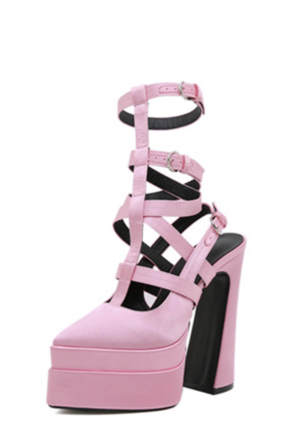 Pointy Cage Strappy Platform Block High Pumps - Pink