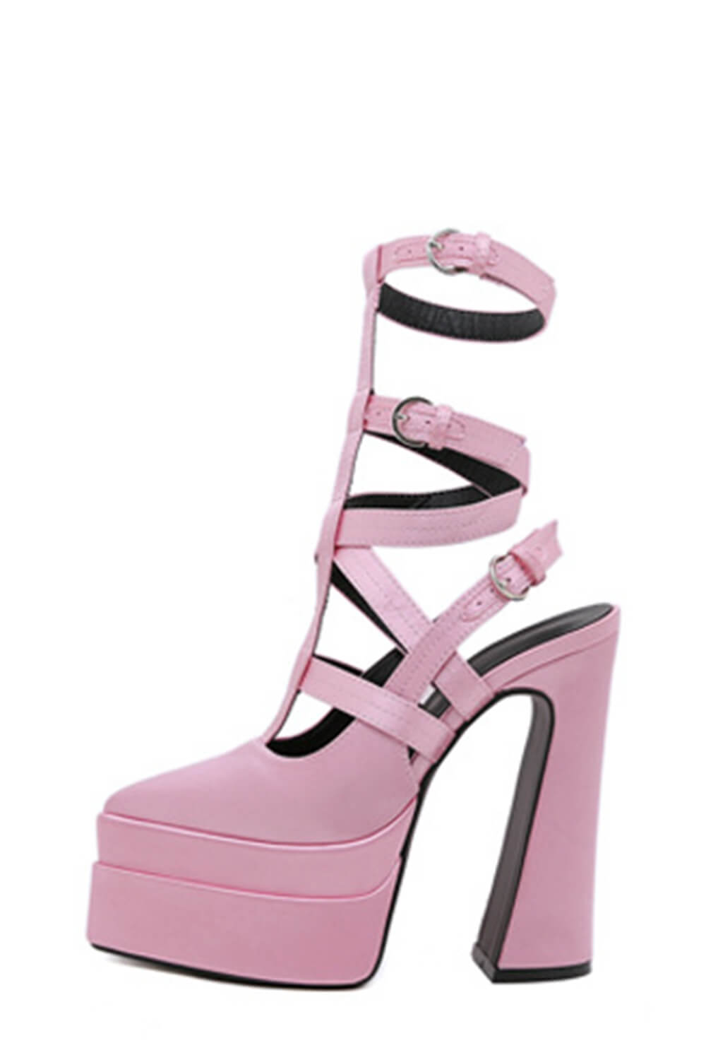Pointy Cage Strappy Platform Block High Pumps - Pink