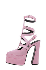 Pointy Cage Strappy Platform Block High Pumps - Pink