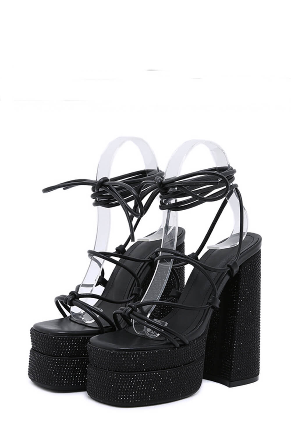 Black Sparkly Diamante Lace Up Platform Block High Heels