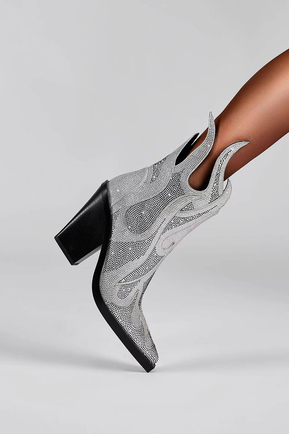 Rhinestone-Embellished Flame Mid-Calf Western Cowboy Pointed Toe Block Heeled Boots - Silver