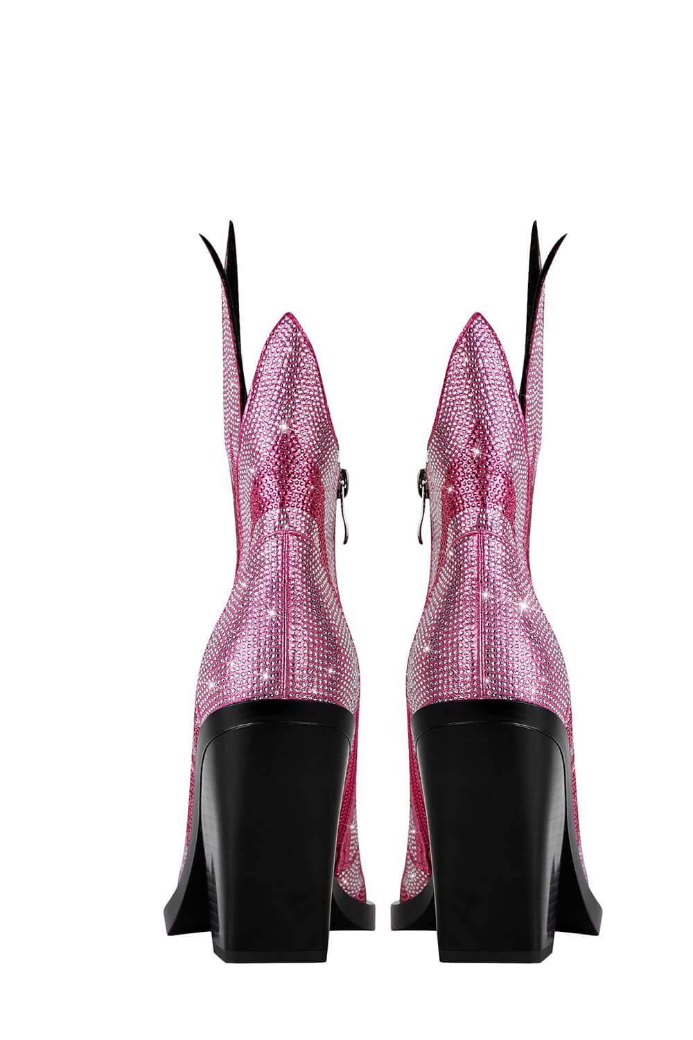 Rhinestone-Embellished Flame Mid-Calf Western Cowboy Pointed Toe Block Heeled Boots - Pink