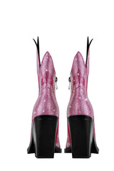 Rhinestone-Embellished Flame Mid-Calf Western Cowboy Pointed Toe Block Heeled Boots - Pink