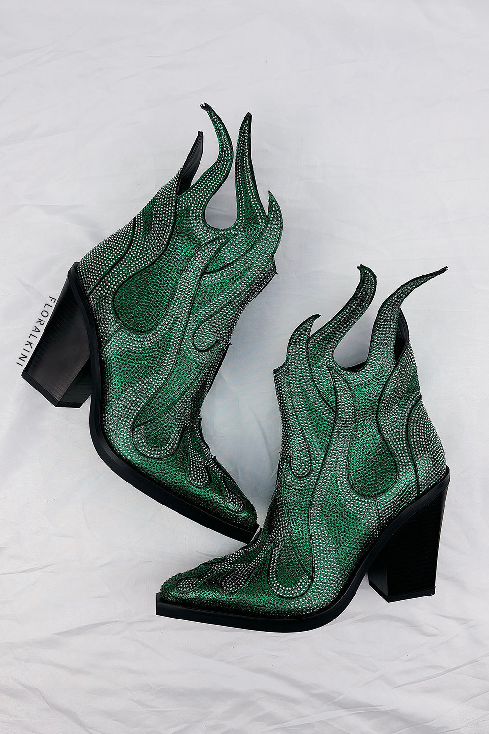 Rhinestone-Embellished Flame Mid-Calf Western Cowboy Pointed Toe Block Heeled Boots - Green