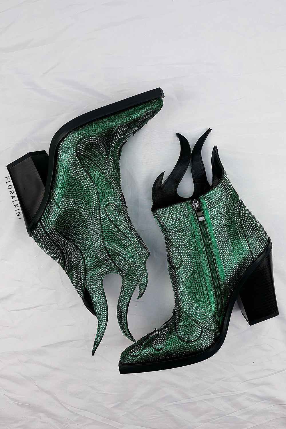 Rhinestone-Embellished Flame Mid-Calf Western Cowboy Pointed Toe Block Heeled Boots - Green