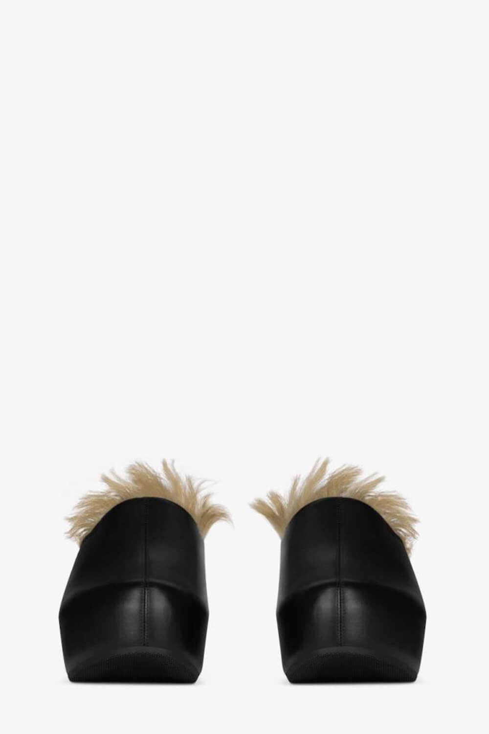 Black Faux Fur-Lined Sling Back Slip On Curved Platform Clogs