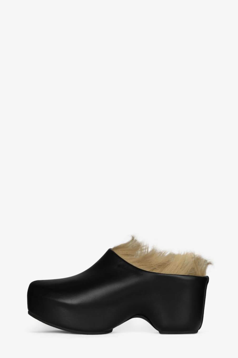 Black Faux Fur-Lined Sling Back Slip On Curved Platform Clogs