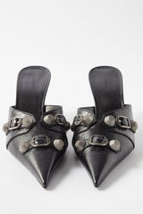 Pointed Toe Stiletto Mules With Studs And Pin Buckle Strap Details - Black