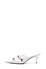 Pointed Toe Stiletto Mules With Studs And Pin Buckle Strap Details - White