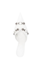 Pointed Toe Stiletto Mules With Studs And Pin Buckle Strap Details - White