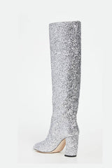 Silver Glitter Knee High Block Heeled Boots