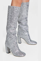 Silver Glitter Knee High Block Heeled Boots