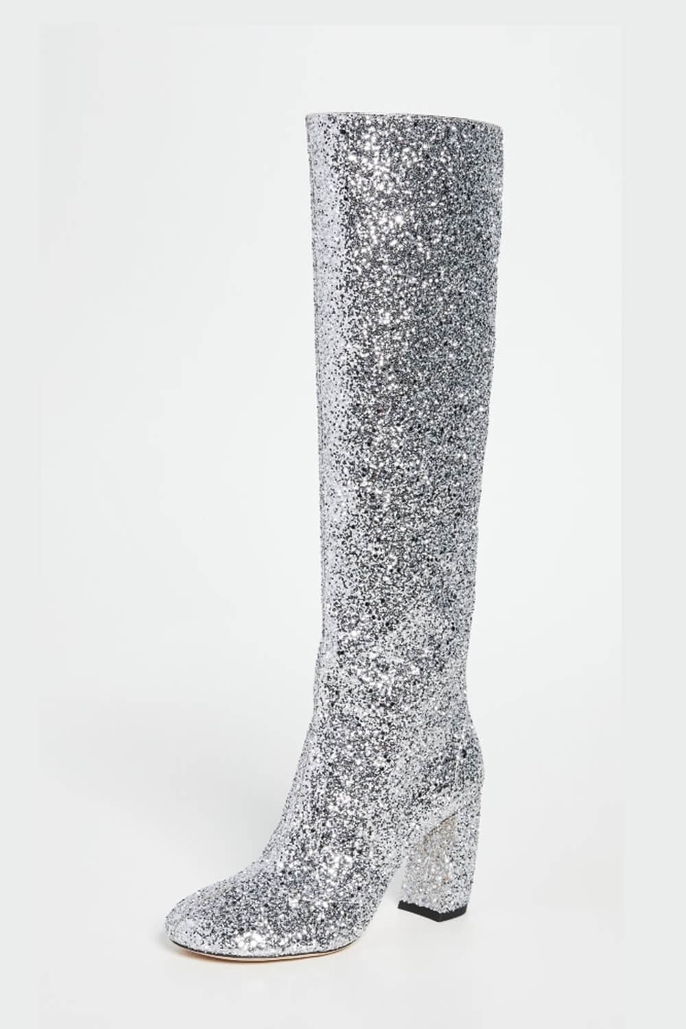 Silver Glitter Knee High Block Heeled Boots