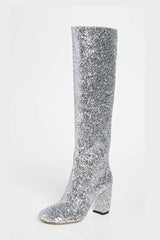 Silver Glitter Knee High Block Heeled Boots