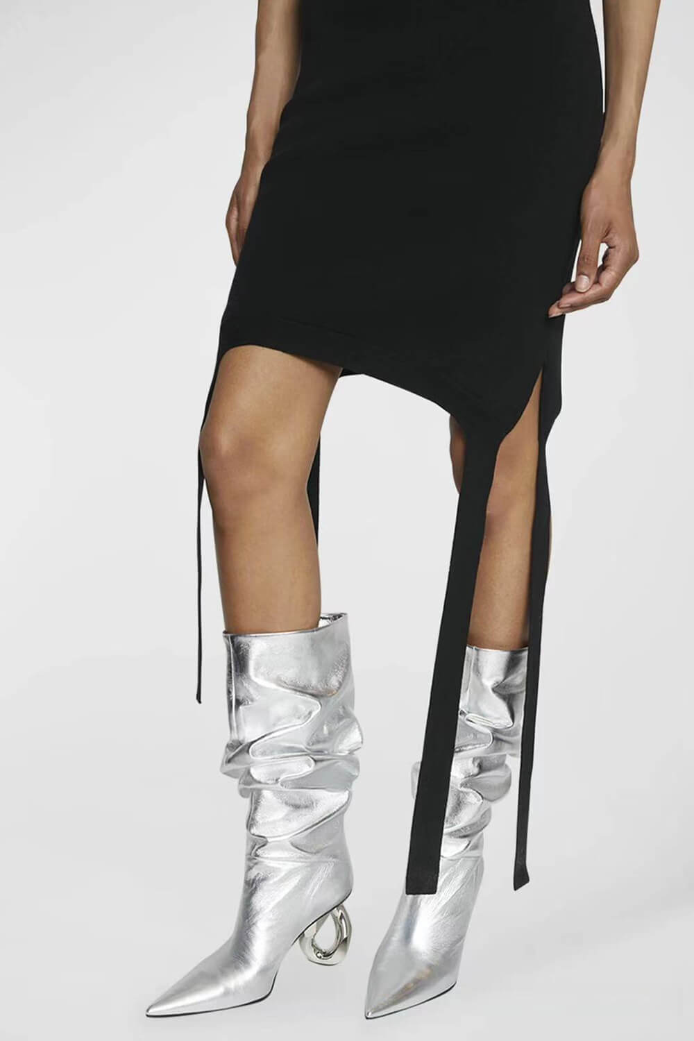 Metallic Slouchy Pointed Toe Chain-Heel Mid Boots - Silver