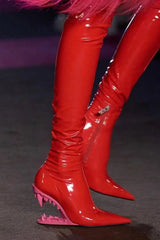 Patent Pointed Toe Over-The-Knee Morso Heeled Boots - Red