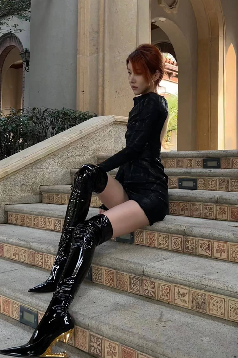 Patent Pointed Toe Over-The-Knee Morso Heeled Boots - Gold