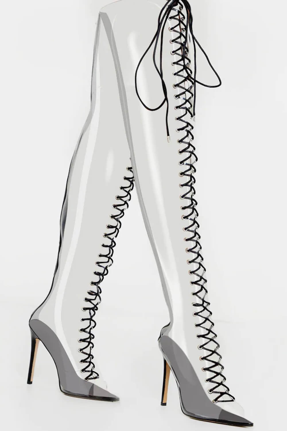 Clear Perspex Lace Up Open Pointed Toe Thigh High Stiletto Boots - Black