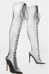 Clear Perspex Lace Up Open Pointed Toe Thigh High Stiletto Boots - Black