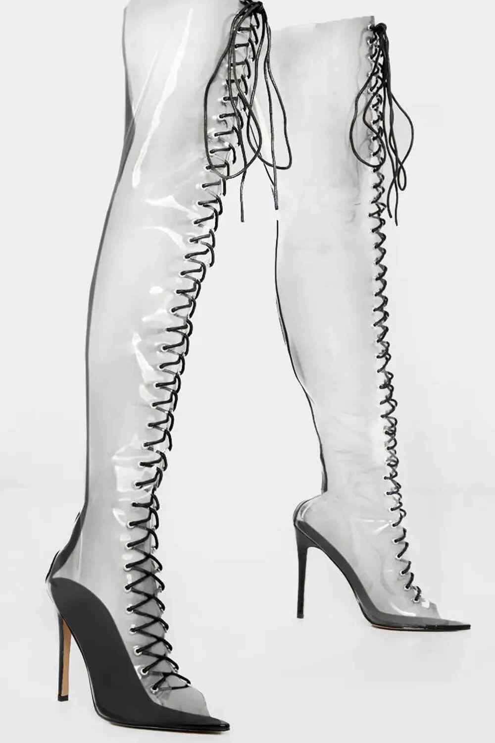 Clear Perspex Lace Up Open Pointed Toe Thigh High Stiletto Boots - Black