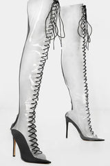 Clear Perspex Lace Up Open Pointed Toe Thigh High Stiletto Boots - Black