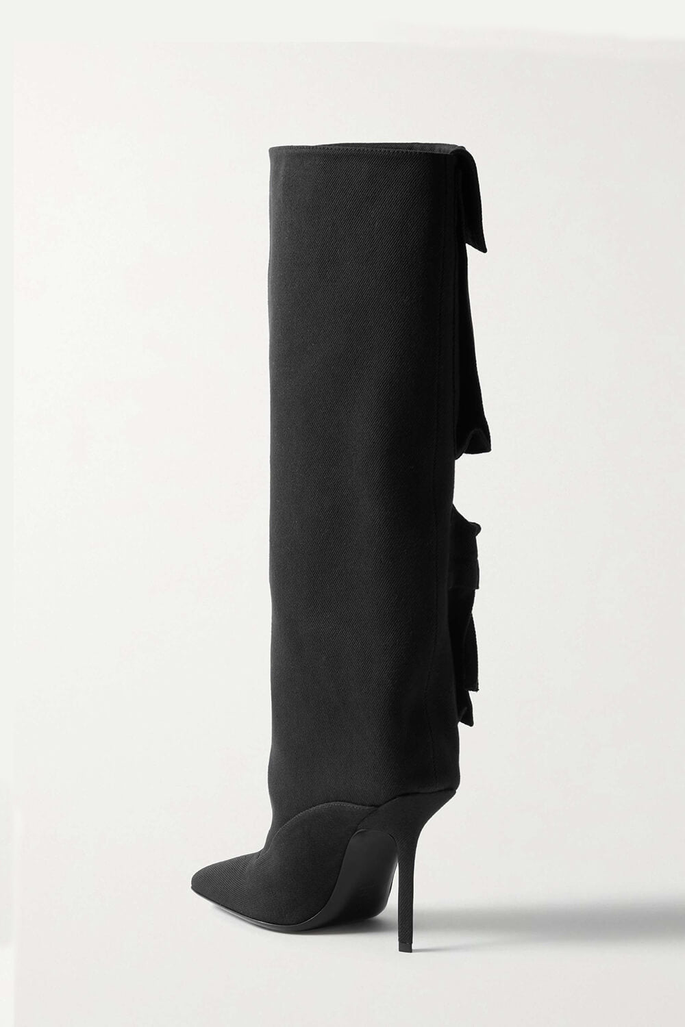 Denim Flap Pocket Embellished Square Toe Knee-High Stiletto Heeled Boots - Black