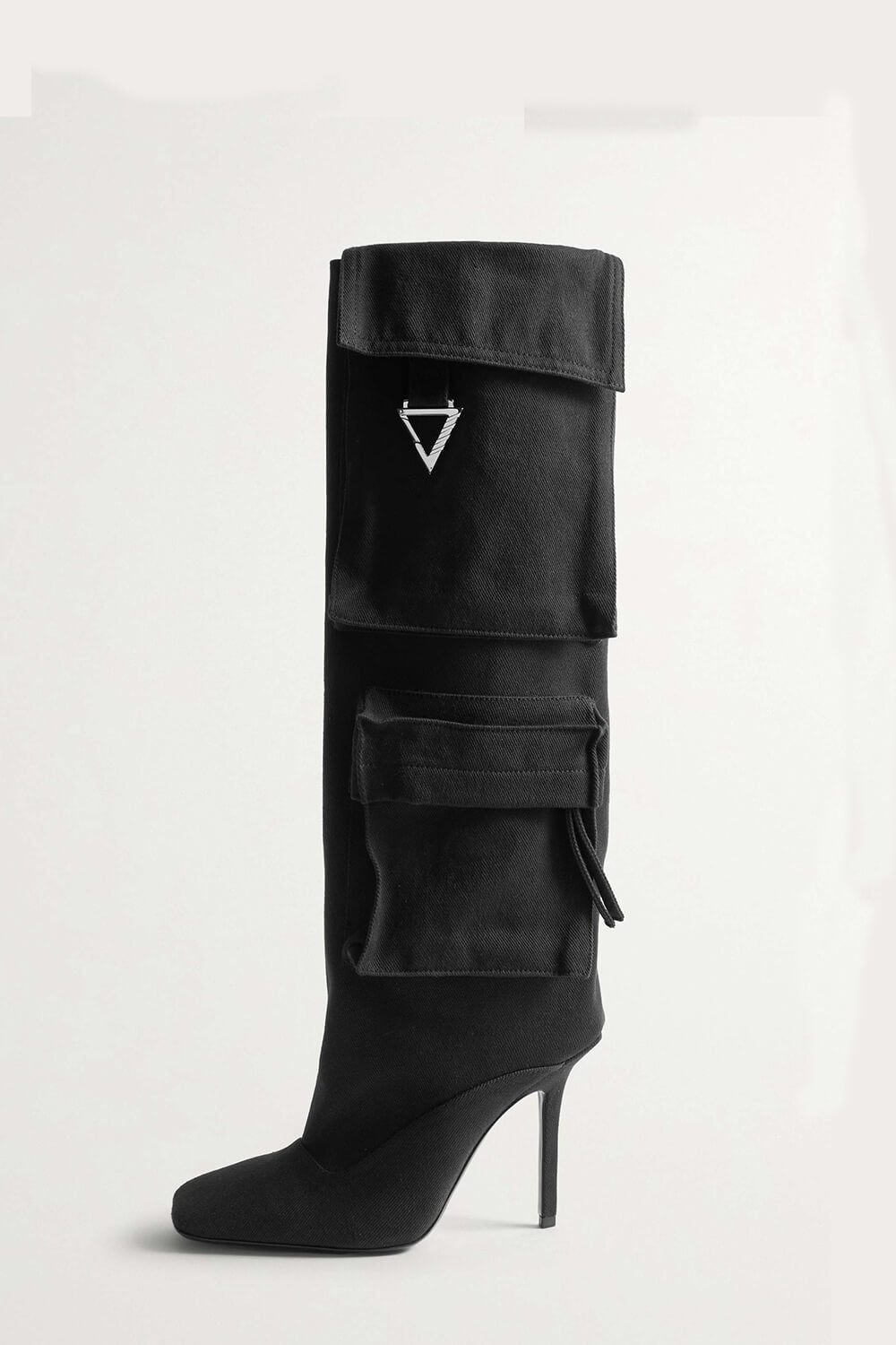 Denim Flap Pocket Embellished Square Toe Knee-High Stiletto Heeled Boots - Black