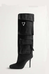 Denim Flap Pocket Embellished Square Toe Knee-High Stiletto Heeled Boots - Black
