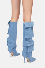 Denim Flap Pocket Embellished Square Toe Knee-High Stiletto Heeled Boots - Blue