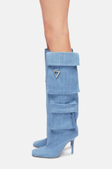 Denim Flap Pocket Embellished Square Toe Knee-High Stiletto Heeled Boots - Blue