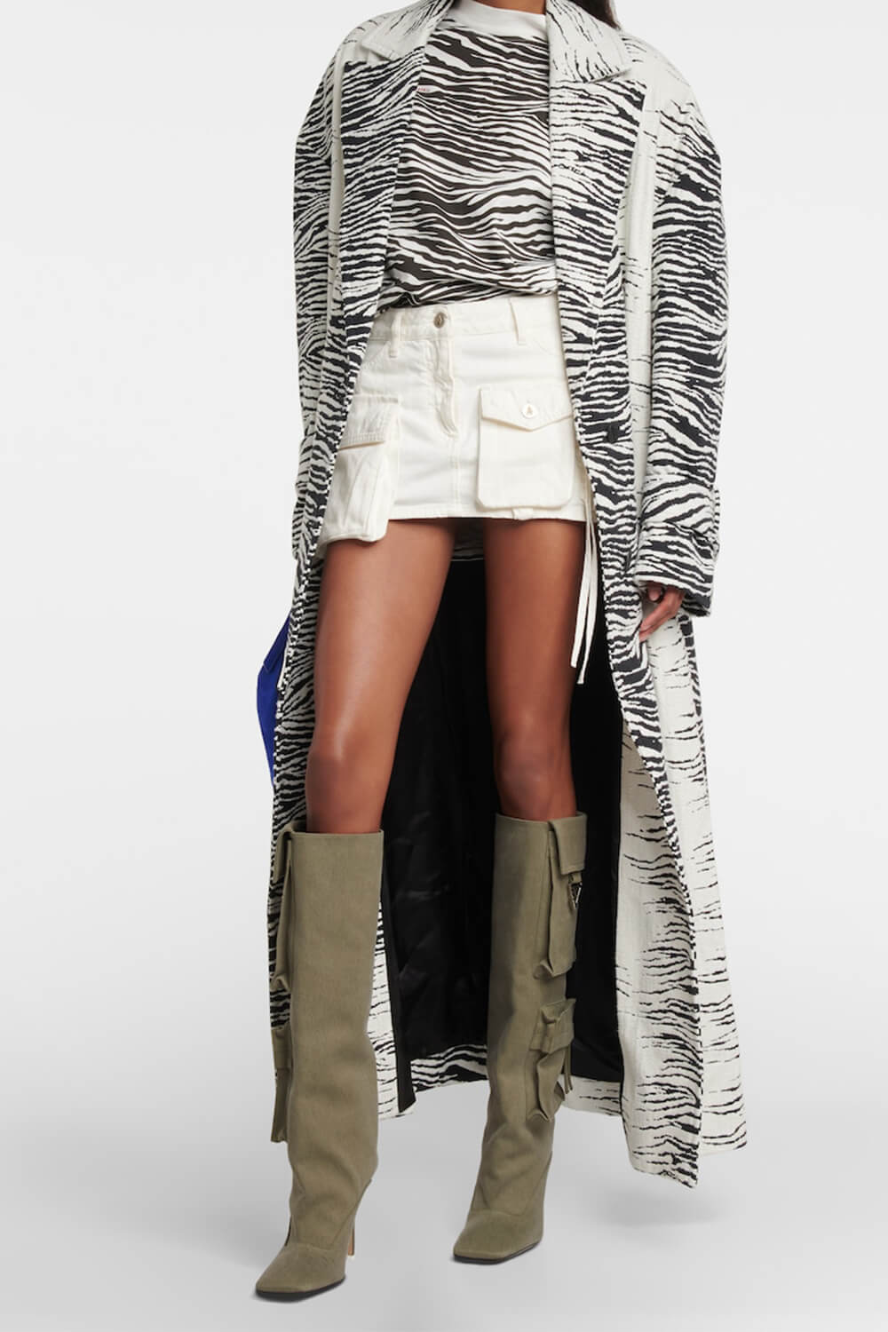 Denim Flap Pocket Embellished Square Toe Knee-High Stiletto Heeled Boots - Khaki