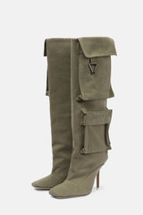 Denim Flap Pocket Embellished Square Toe Knee-High Stiletto Heeled Boots - Khaki