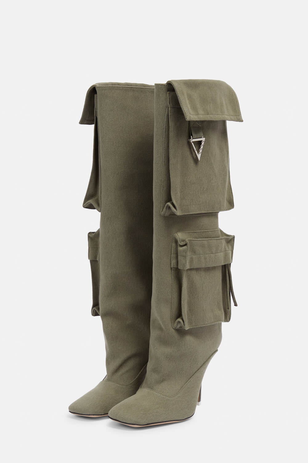 Denim Flap Pocket Embellished Square Toe Knee-High Stiletto Heeled Boots - Khaki