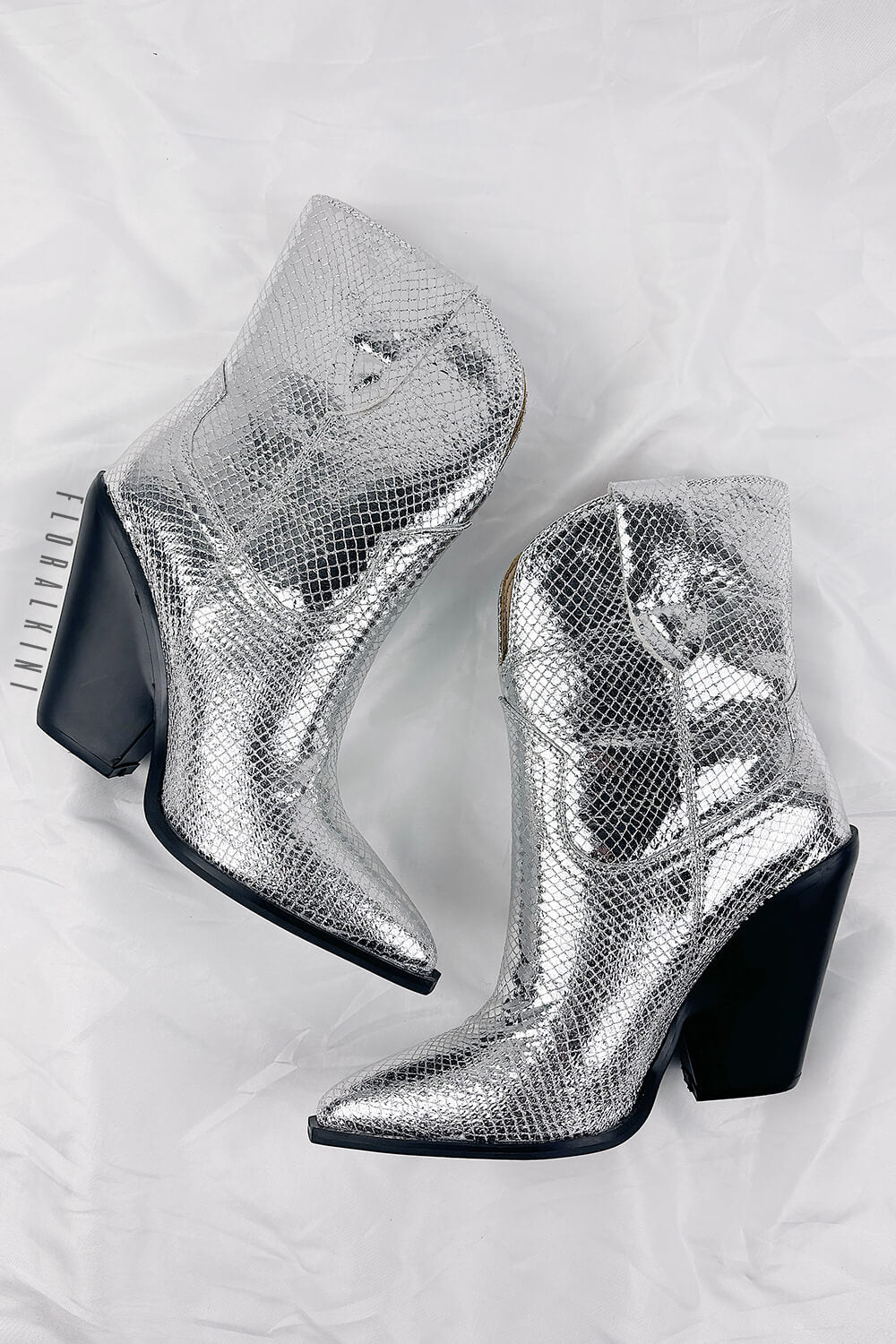 Silver Metallic Cowboy Pointed Toe Block Heeled Ankle Boots