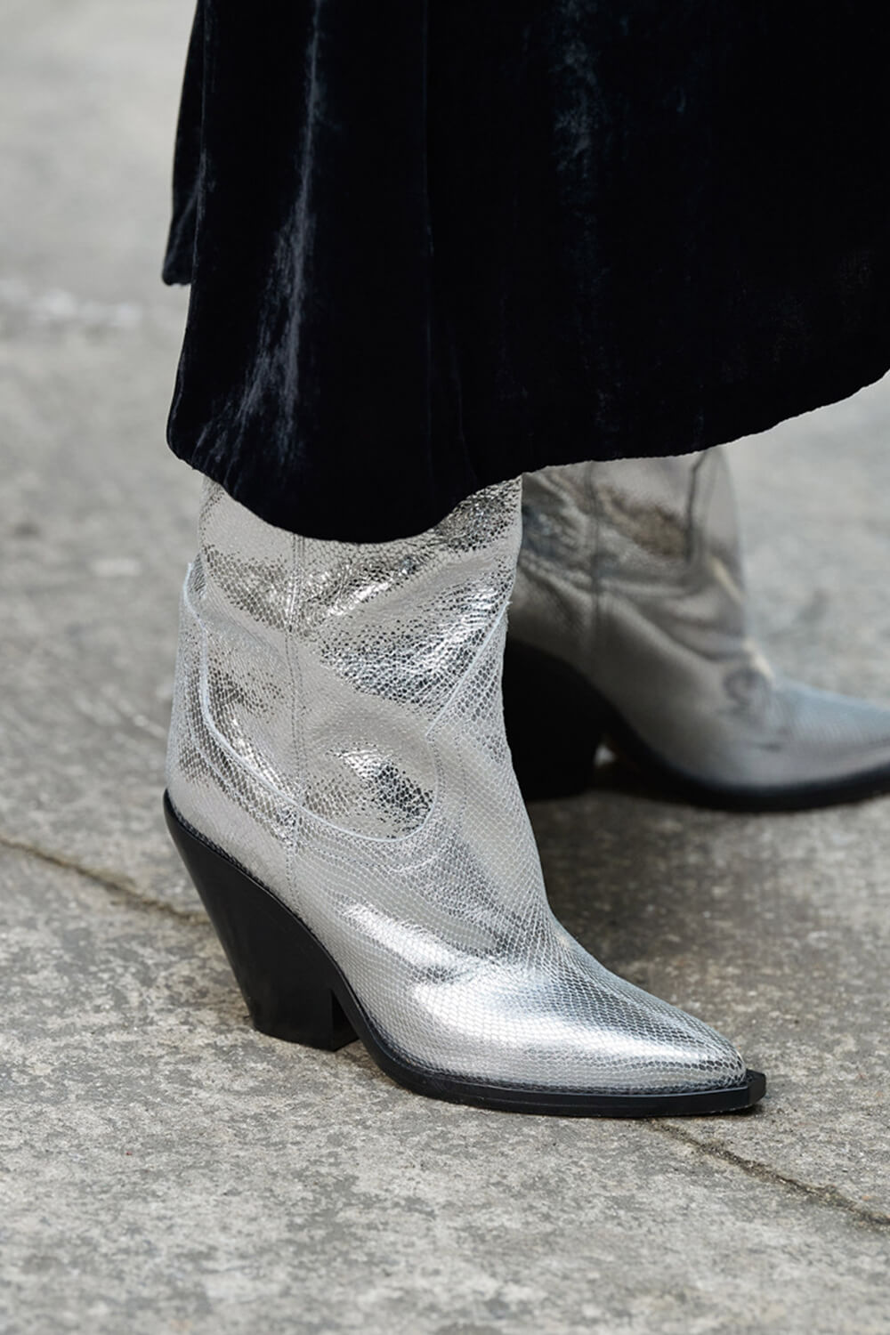 Silver Metallic Cowboy Pointed Toe Block Heeled Ankle Boots