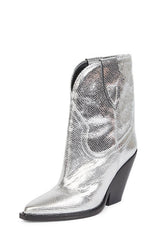 Silver Metallic Cowboy Pointed Toe Block Heeled Ankle Boots