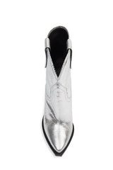 Silver Metallic Cowboy Pointed Toe Block Heeled Ankle Boots