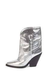Silver Metallic Cowboy Pointed Toe Block Heeled Ankle Boots